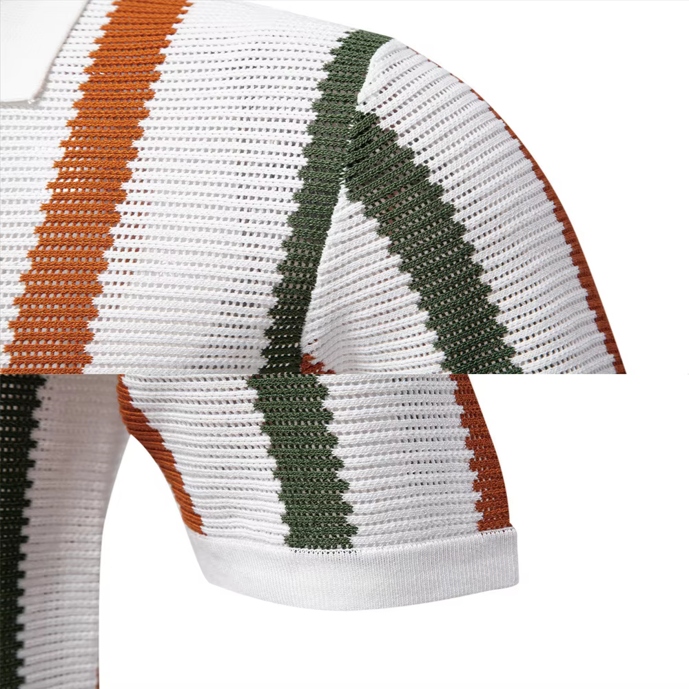 New summer men's short-sleeved striped knitted POLO shirt with hollow-out design and breathable mesh fabric.
