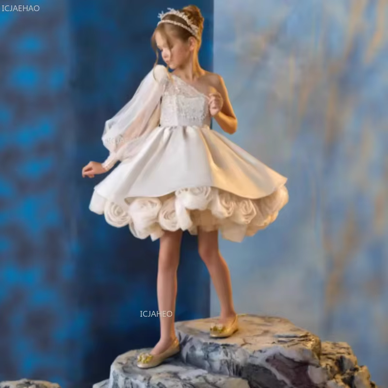 Kids Girls One Shoulder Party Dress Puffy Flower Girl Gown Host Pageant Celebration Evening Wear Children Fashion Show Formal