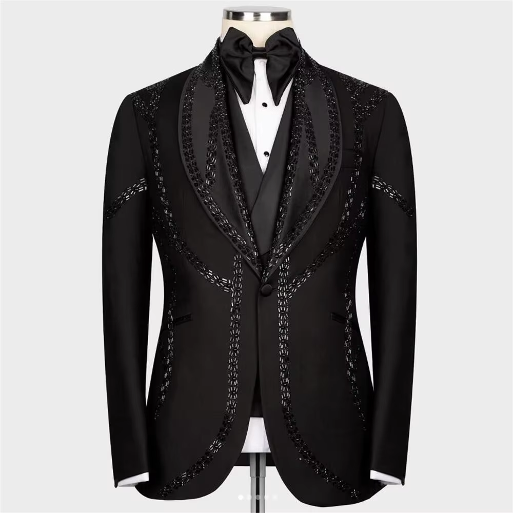 Luxury Beaded Stone Suits Men Slim Fit Shawl Lapel Jacket Vest Pants 3 Pieces Groom Tuxedo Customized Man Business Prom Blazer