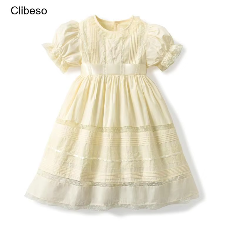 2026 Eid Ramadan Kids Girls Spanish Bubble Sleeves Dress Summer Baby Girls Flower Embroidery Dressess Children Boutique Costume