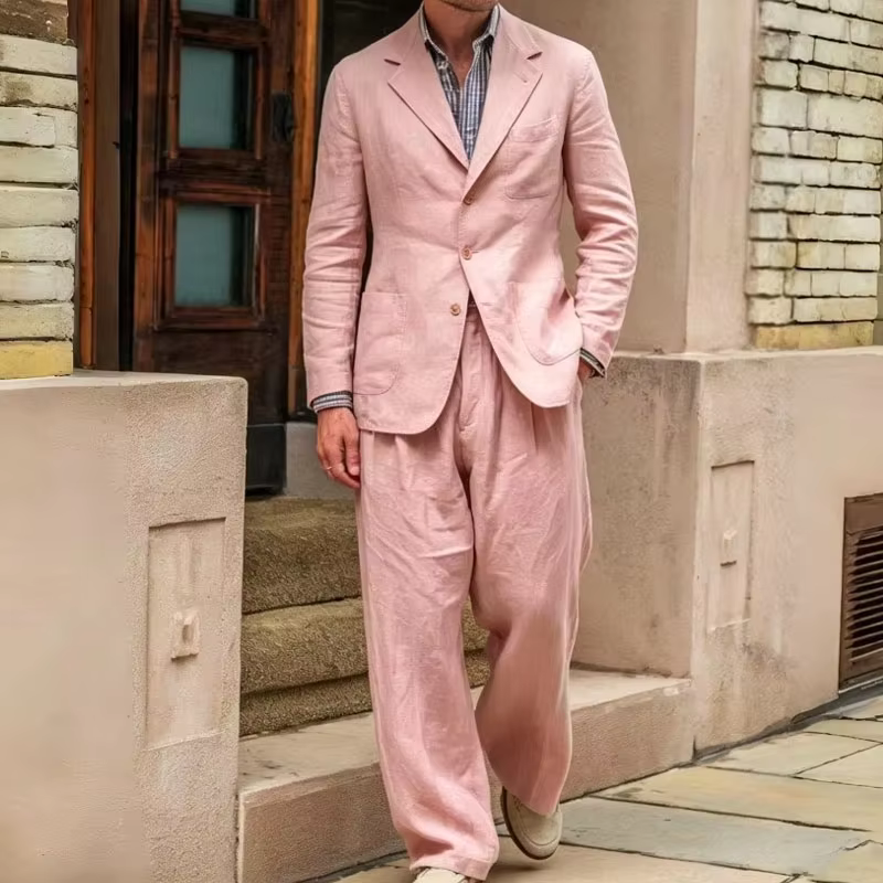 Men's Linen Suit 2 pieces Luxury Slim Fit Casual Blazer Straight Leg Pants Breathable Wrinkle Resistant Lightweight For Wedding