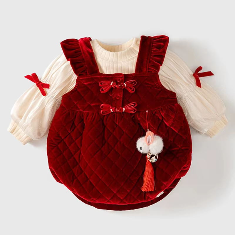 2Piece Winter Infant Girls Clothes Chinese Style New Year Cartoon Cute Red Fleece Bodysuit+Tops Newborn Items Baby Stuff B191