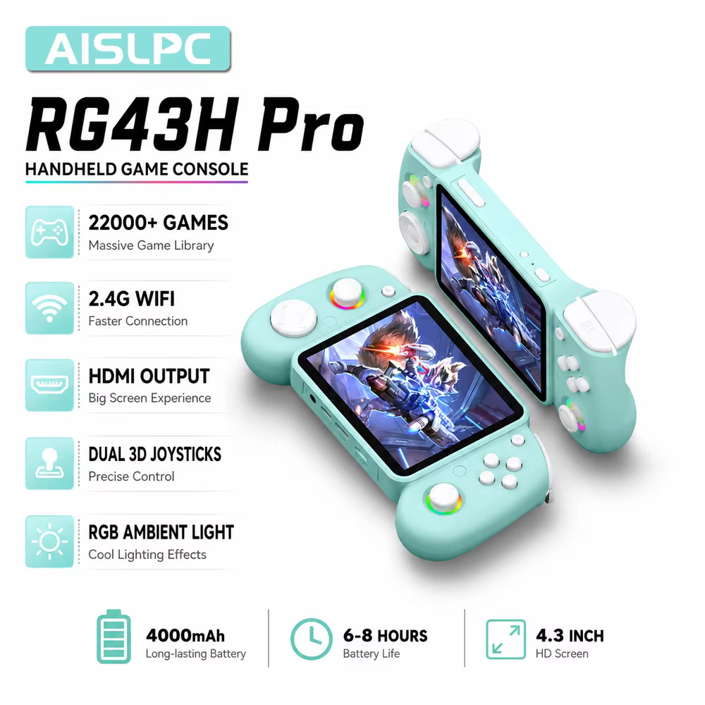 AISLPC RG43H PRO Retro Handheld Game Console 22000+Games 2.4G WIFI 4.3" HD IPS Screen Dual System Portable Video Game Console