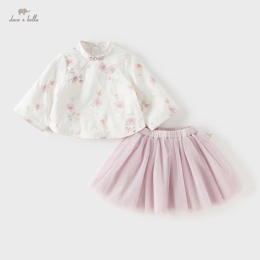 Dave Bella Children Half Skirt Set Autumn Spring Girls Floral Printed Top Mesh Skirt Two Piece Set Kids Sweet Clothing DB1261016