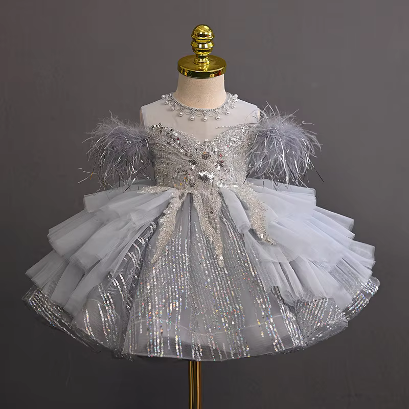 KLFLGD New style girls dress grey sequins high-end evening dress suitable for girls dress up evening dress 0-8 years old girls