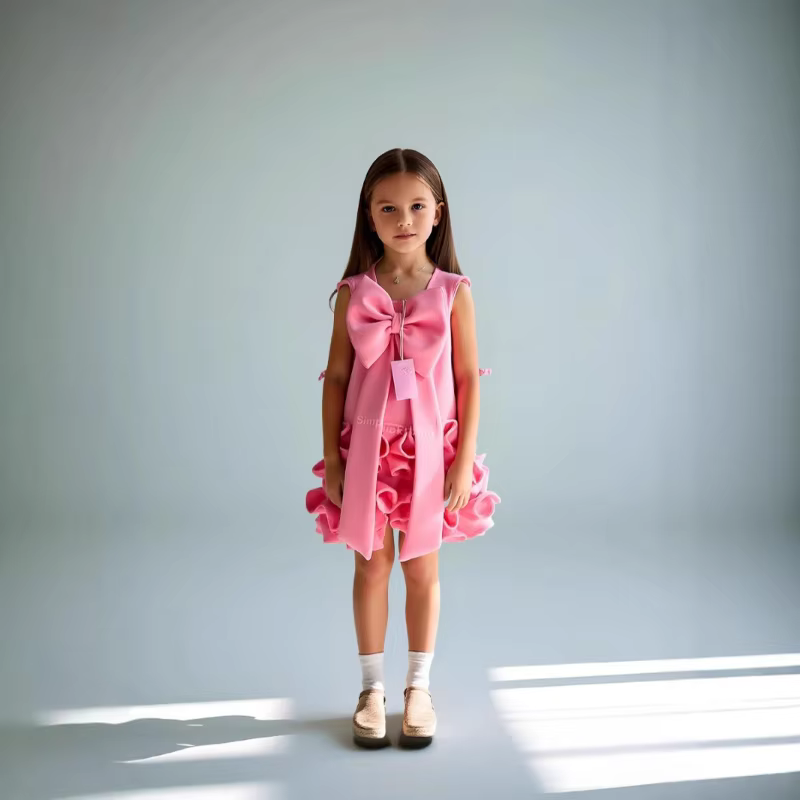 Wed Dress 2025 Elegant Girls Party Dresses Children Birthday Performance Gown Bow Detail Formal Outfit Kids Banquet Wear Vestido