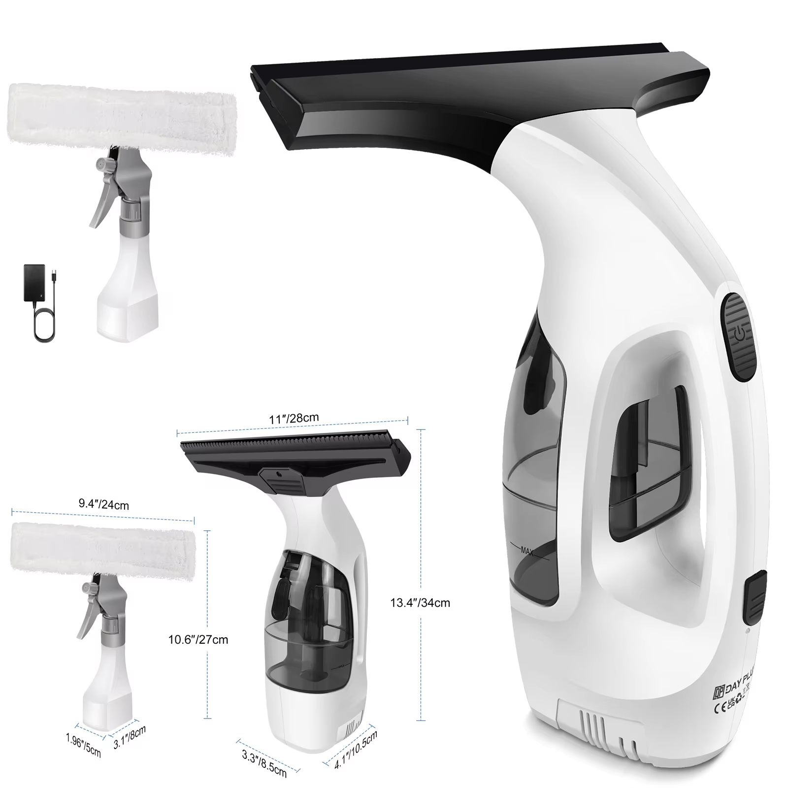 Window Squeegee, Rechargeable Cordless Window Vacuum 3500mAh, 2 in 1 Squeegee & Microfiber Window Scrubber for Windows, Mirror