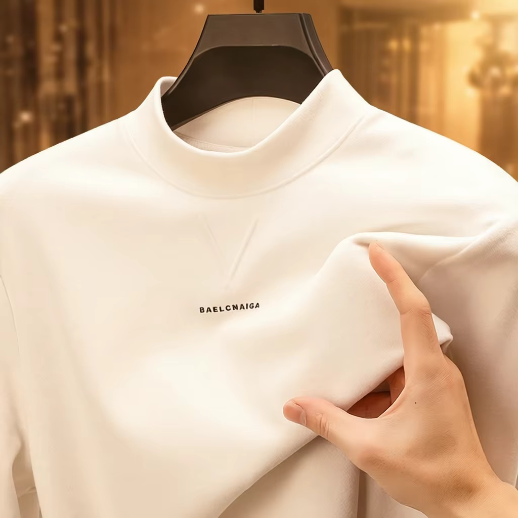 Autumn New Luxury Quality Men's T-Shirt Mock Neck Double-sided German Velvet Long Sleeve British Fashion Casual Simple Menswear