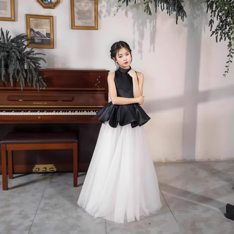New Children Girls Evening Dress Black Party Pageant Gown Princess Birthday Performance Elegant Stage Show Outfit Kids Formal