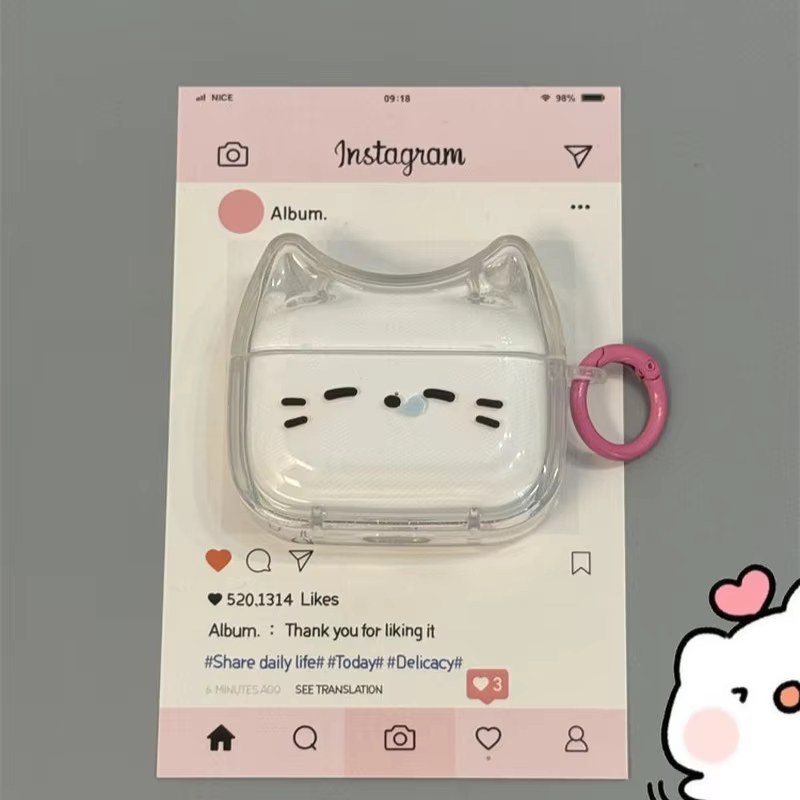 Cute Sleepy Cat Transparent Silicone Shockproof Protective Case With Pink Ring For AirPods Pro 3 AirPods Pro 2 AirPods 4