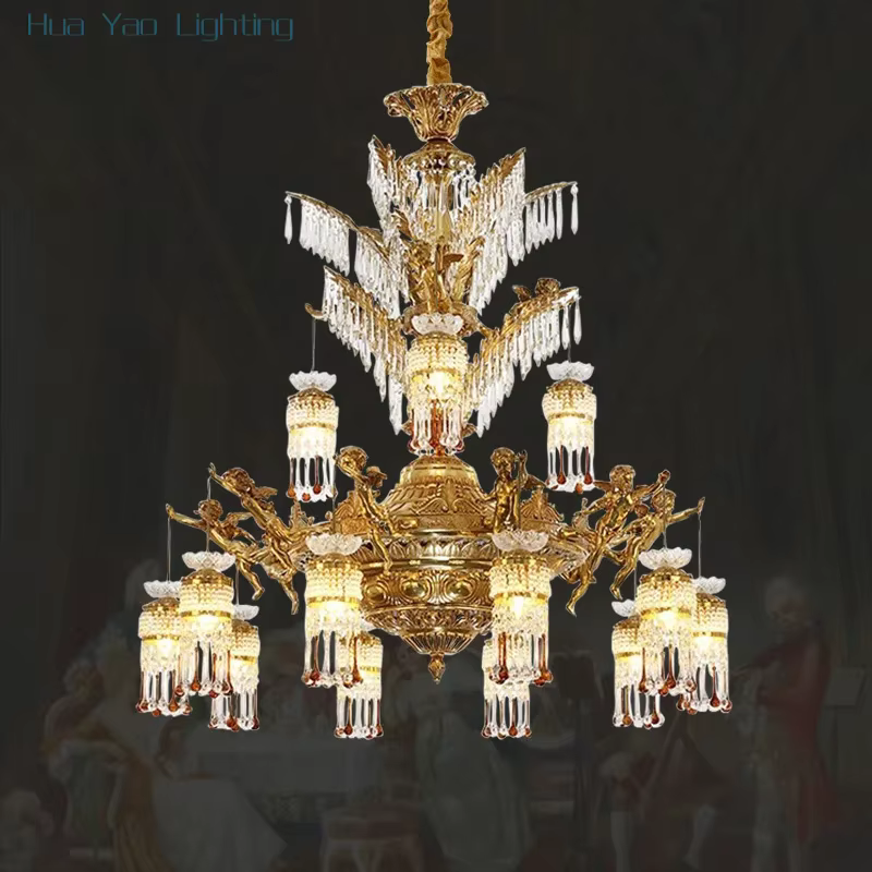 European Luxury Living Room Brass Crystal Chandelier French Baroque Retro Angel Pendant Light Villa Duplex Hall Luminaire