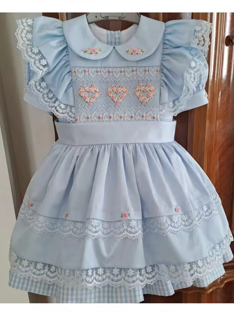 0-12Y Baby Girl Summer Blue Flower Smocked Turkish Vintage Princess Dress for Birthday Holiday Easter Photography Eid  A127