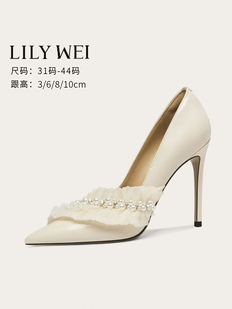 Spring new pointed scalp lace pearl rhinestone low-heeled shoes thin high-heeled banquet large size small size women's shoes