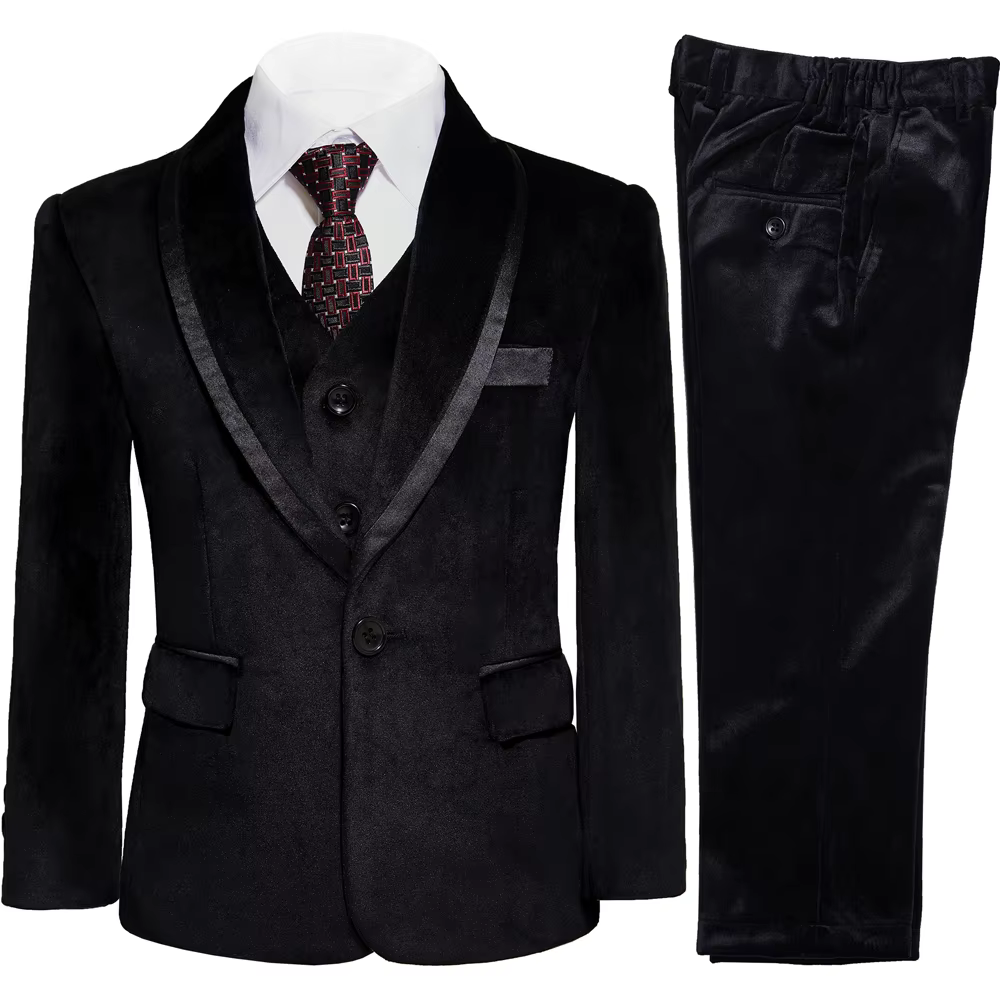Black Velvet Boy Suits Formal Shawl Lapel Children Outfits 3 Piece Set Handsome Wedding Party Tuxedo Fashion Slim Kids Clothes