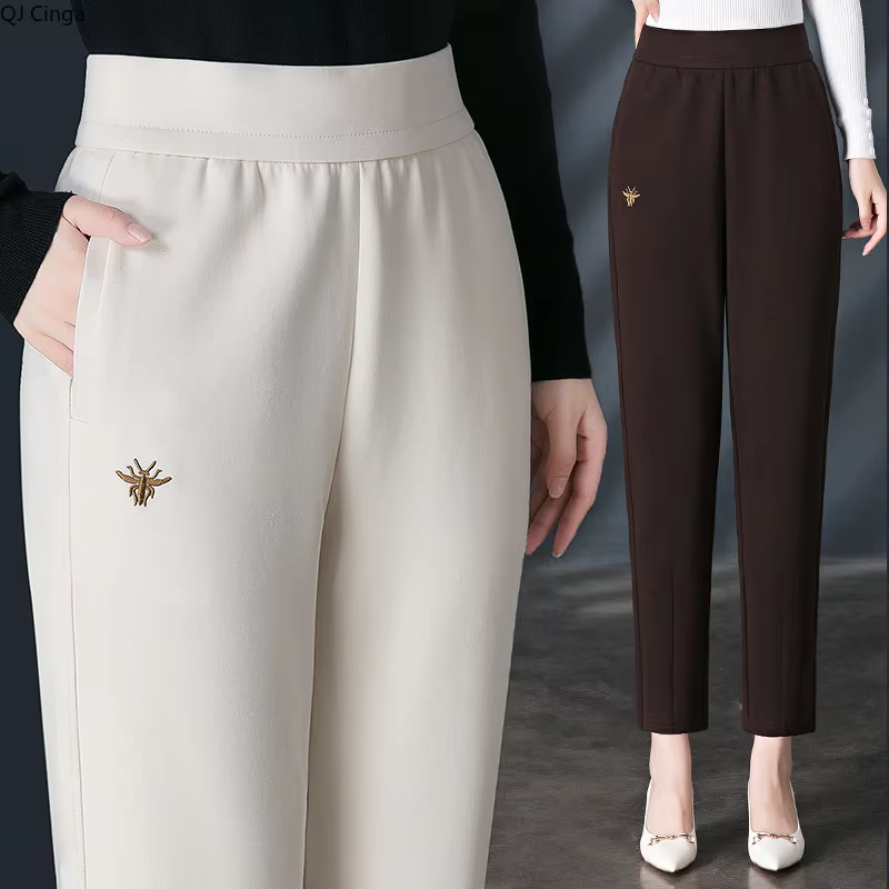 Women's Red High-waisted Harem Pants, Black Elastic Waist Casual Pant, Beige Girls' Embroidered Stretch Trousers. Asian Sizes