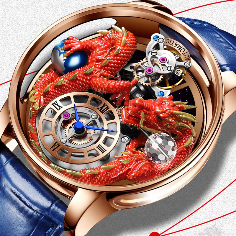 PINDU Design New 3D Dragon Earth Theme Quartz Watches Men Celestial Series Curved Mirror Transparent Design Watch Wristwatches