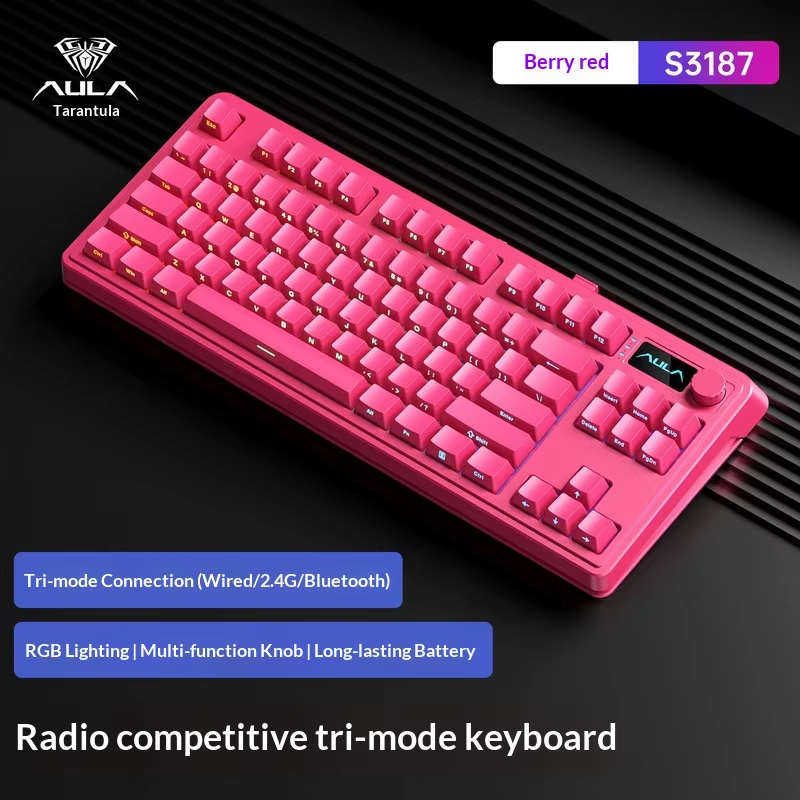 Aula S3187 Wireless Tri Mode Keyboard F87 Key Mechanical Feel 24g Bluetooth Wired For Desktop Laptop Gaming Office Pink