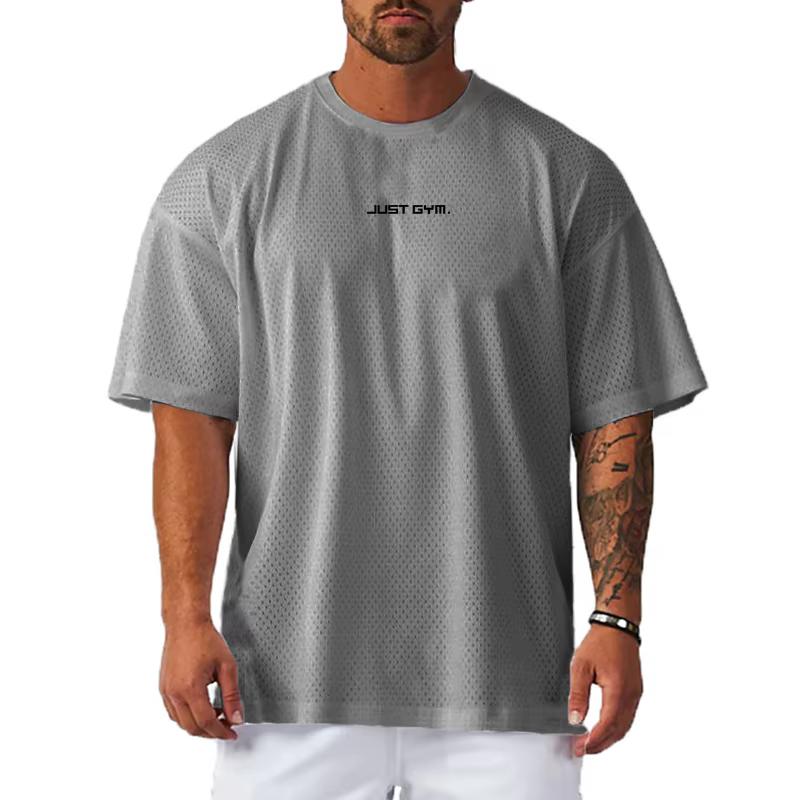 Summer Mesh Breathable Quick Dry Short Sleeve Top Gym Bodybuilding Fitness Training Clothes Oversized Loose Men's Sport T-Shirt