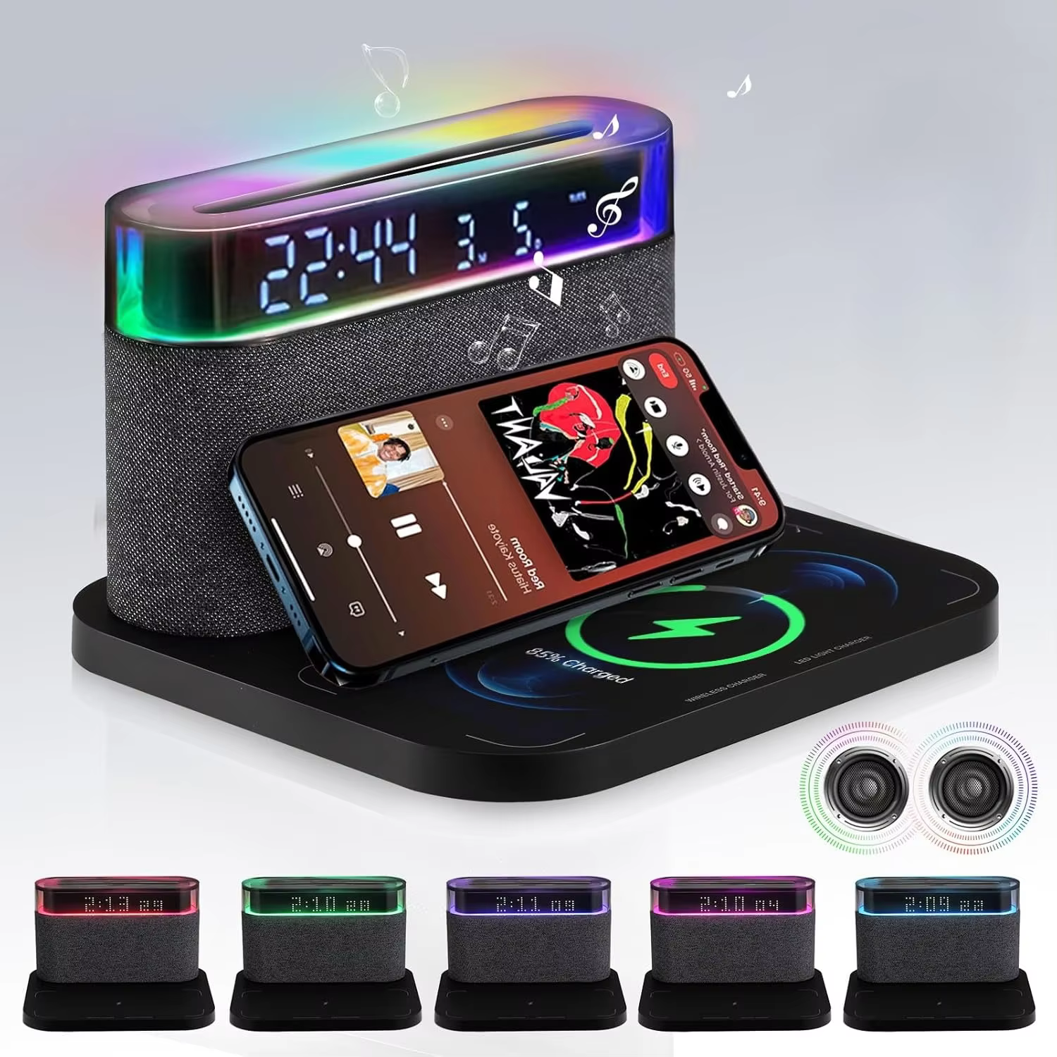 6-in-1 Bluetooth Alarm Clock – Wireless Charger, Speaker Night Light (3 Colors) for IPhone, Apple Watch, AirPods  iphone charger