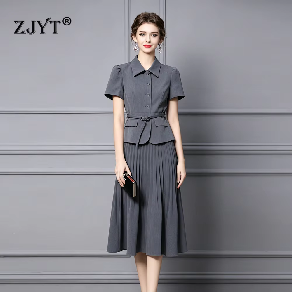 ZJYT Summer Short Sleeve Dress Sets 2 Piece Clothes Elegant Women Top and Pleated Skirt Suit Outfit Office Party Outfit Lady