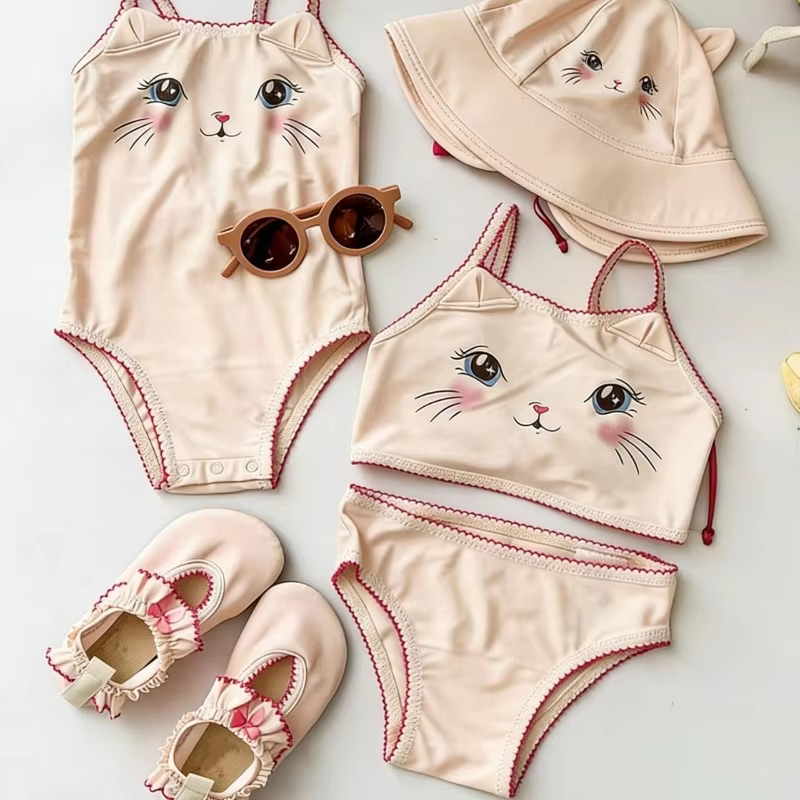 2026 Summer Girls Swimwears Cute Cat Girls Sling One Piece Two Piece Swimsuit Baby Kids Beach Swimwear Bikini Girl Swimsuits