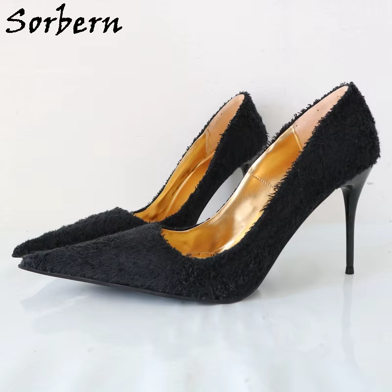 Sorbern Black Fleece Women Pump Shoe 9Cm Metal High Heel Long Pointed Toe Slip One Night Club Shoes Custom Colors