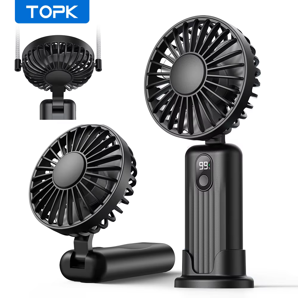 TOPK Portable Mini Fan,2400mAh USB Rechargeable Hand Neck Fan 3in1 Personal Electric Fan Standing Fans for Room Camping Foldable