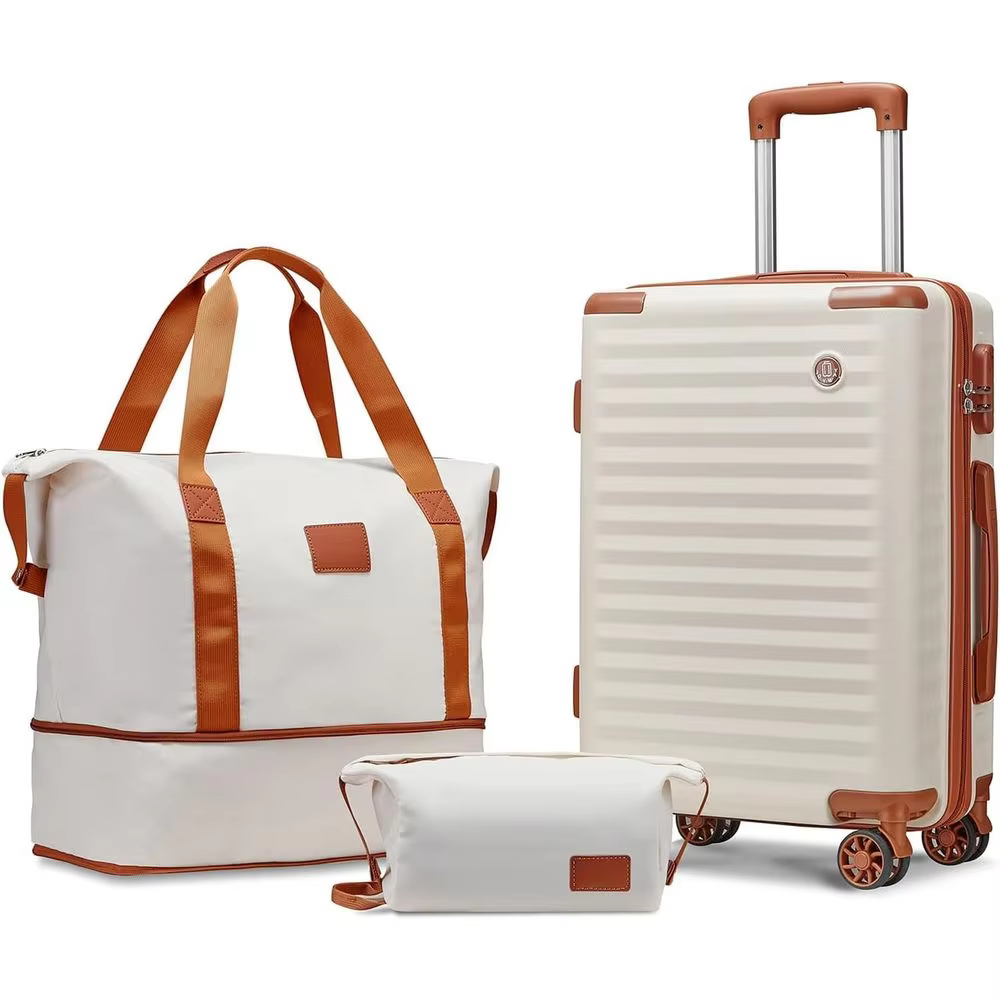 3 Piece Luggage Set with Spinner Wheels, 20 Inch Airline Approved Suitcase, Combination Lock, White Brown