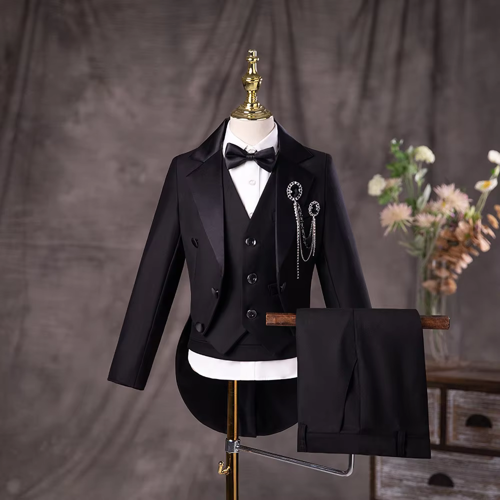 Black Suits for Boy Piano Performance Children Stage Violin Tailcoat Formal School Graduation Ceremony Kids Clothes 3 Piece