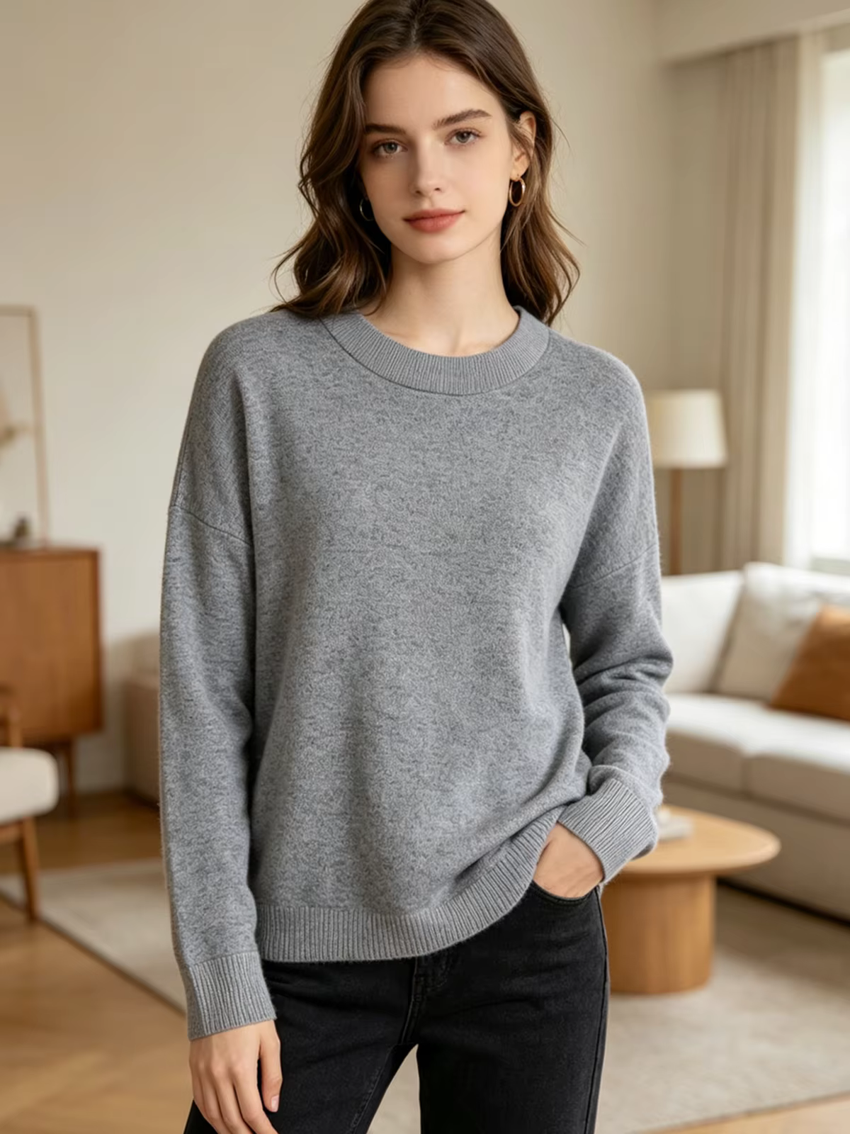 2026 Neuer Damen Hellgrauer Strickpullover Langarm Rundhals Locker Sitzend Lässige Alltagskleidung Herbst Winter Warmes Oberteil