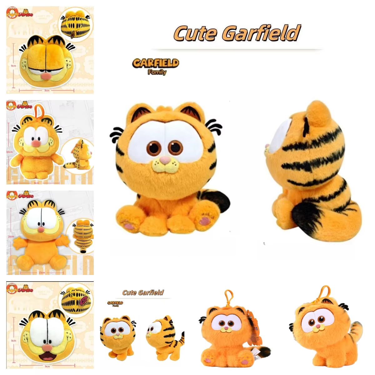 8 Stile GARFIELD Original süßes Plüschtier, weiche Katze, gefüllte Puppe, Cartoon-Plüschtier, Schlüsselanhänger, Anhänger für Jungen und Mädchen, Geburtstagsgeschenk