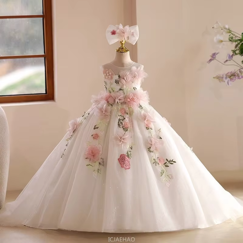 Long Dress French Style Floral Girls Host Dresses Costume Children Pageant Piano Outfit Birthday Wedding Flower Gown Clothes