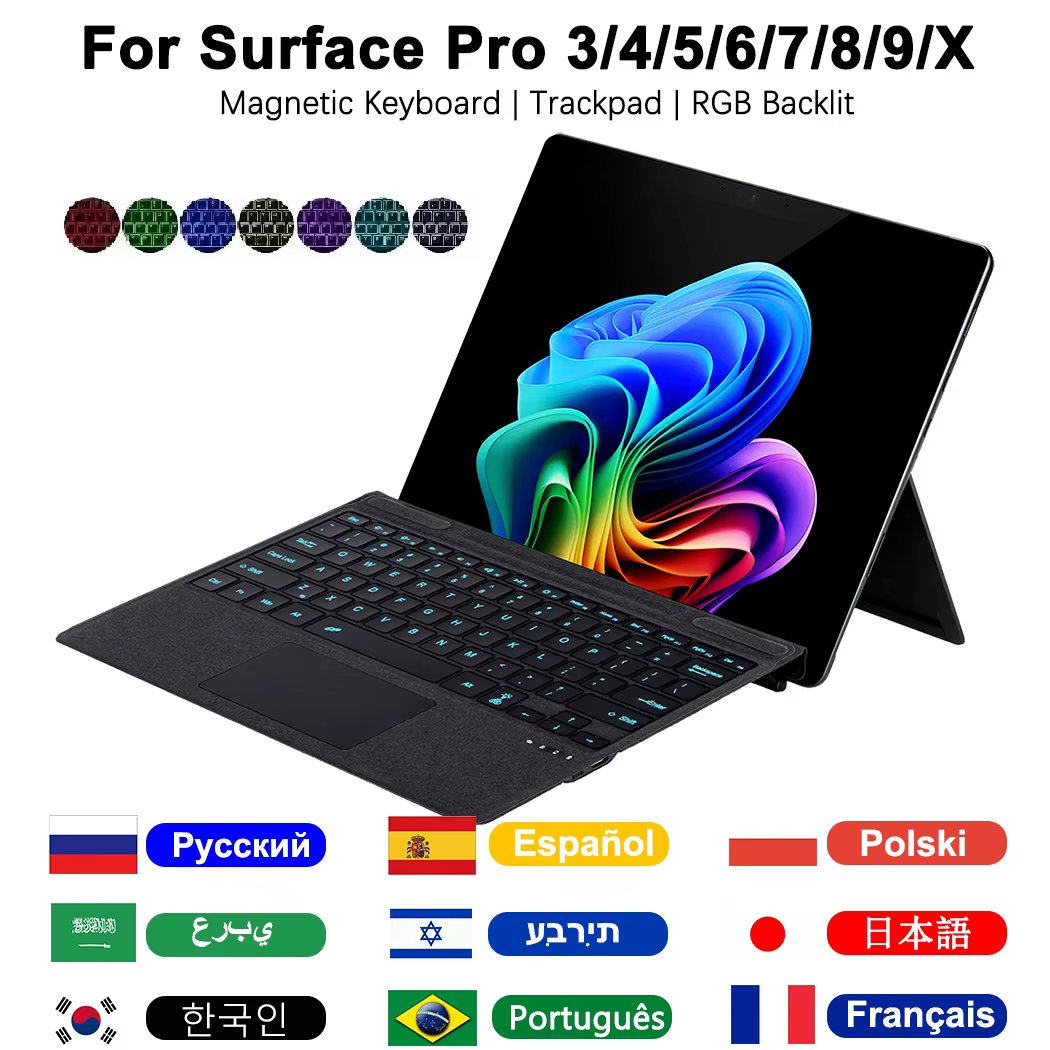 Backlight Keyboard For Microsoft Surface Pro 3 4 5 6 7,Pro 8 9 10 11 X,Keyboard Arabic Spanish Korean Hebrew Russian Portuguese