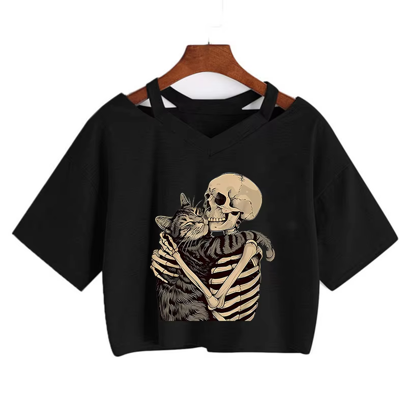 Halloween Skull and Cat Print Cropped T Shirt Sexy Comfortable Women Short Sleeve Crop Tops T-shirt Gothic Vintage Y2k Tees