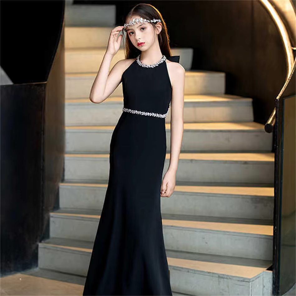 Kids Black Fashion Show Dress Girls Piano Violin Performance Event Festival Party Costume Children Deluxe Fishtail Evening Frock