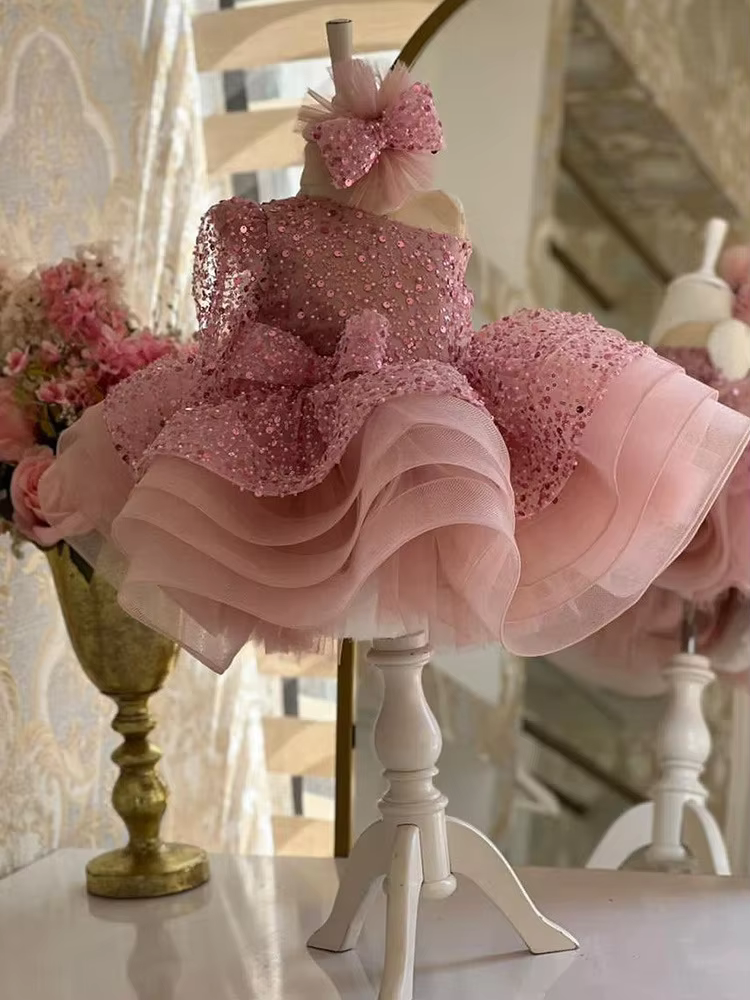 Girls' Pink Sequin Short Princess Puff Mesh Dress Children's Model Show Host Performance Costume