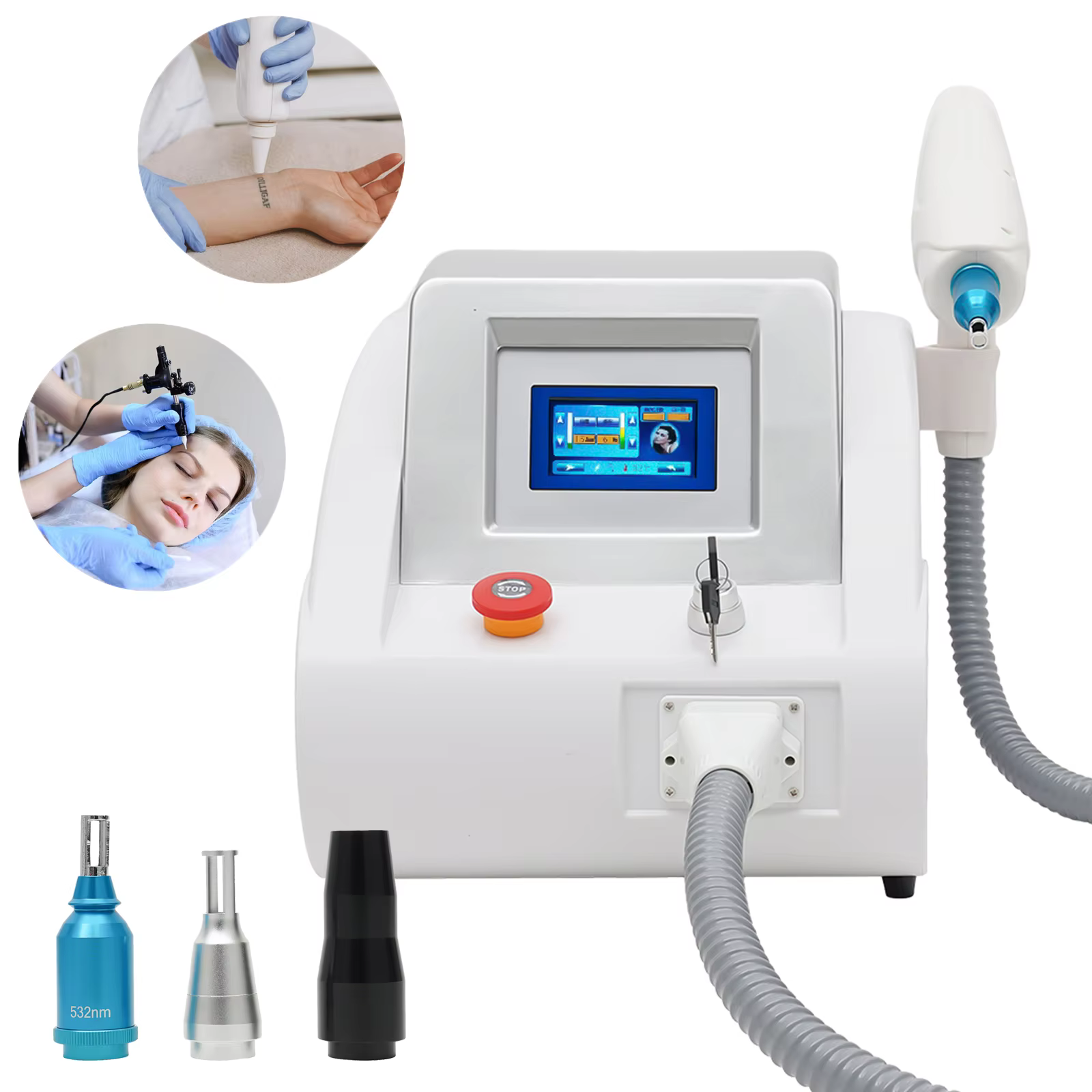 Laser Tattoo Removal Machine, 3 Different Heads, 1064NM, 532NM, Portable Complete Set for Skin Whitening, Freckle Pigment Remove