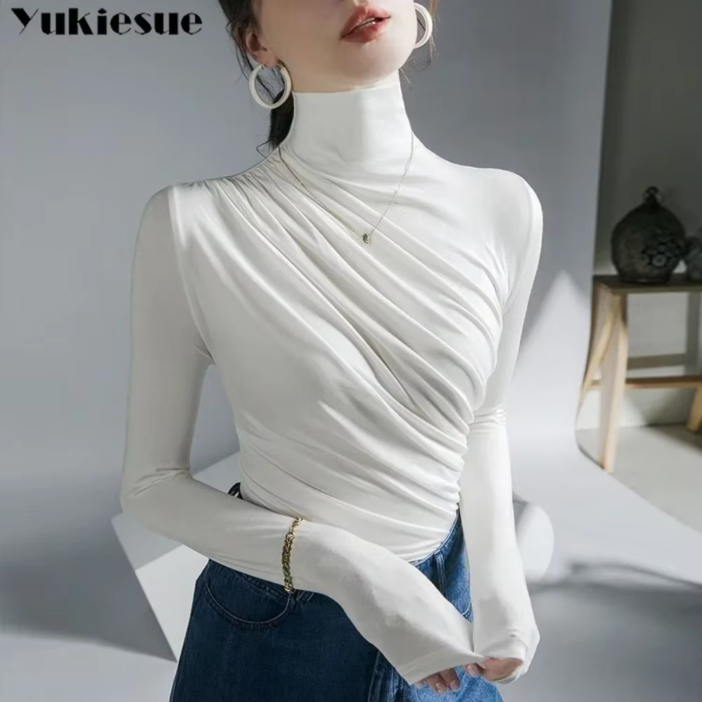 Pleated Stretch T-shirt New Spring Autumn Turtleneck Bottoming Pullover Women's Casual Elegant Basic Top Shirts Harajuku Gothic