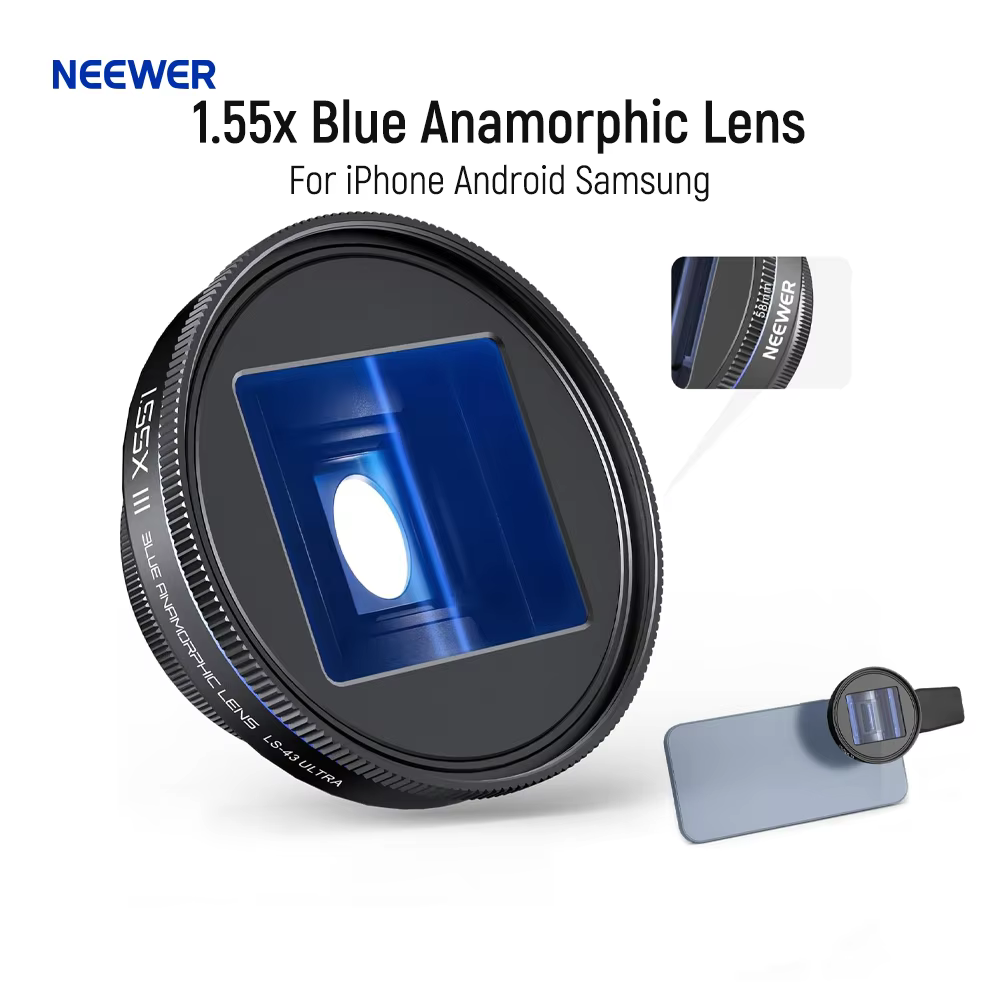 NEEWER 1.55x Blue Anamorphic Lens Compatible with iPhone Android Samsung, Phone Camera Accessories with 17mm Threaded Lens Clip