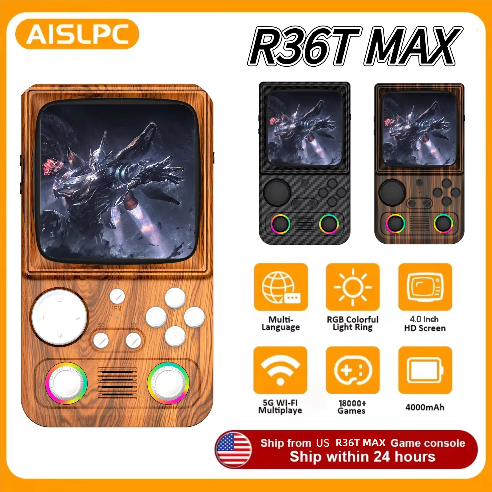 R36T MAX Retro Handheld Game Console 4.0 Inch IPS Screen 720*720 EmuELEC System Built-in 22000+ Games 8-10 Hours Play Time Support WIFI Online Battle RGB Colorful Light Ring Portable Video Game Player
