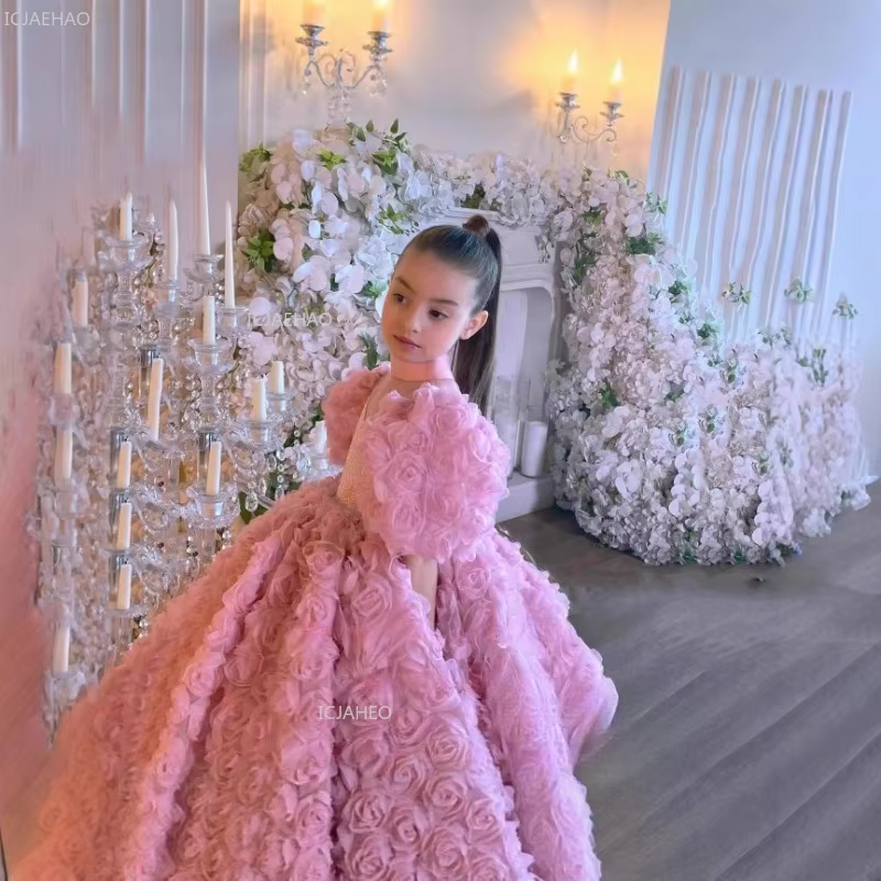New Girls Dress with 3D Flowers Children French Princess Gown Kids Birthday Wedding Evening Clothes Fashion Runway Pageant Party