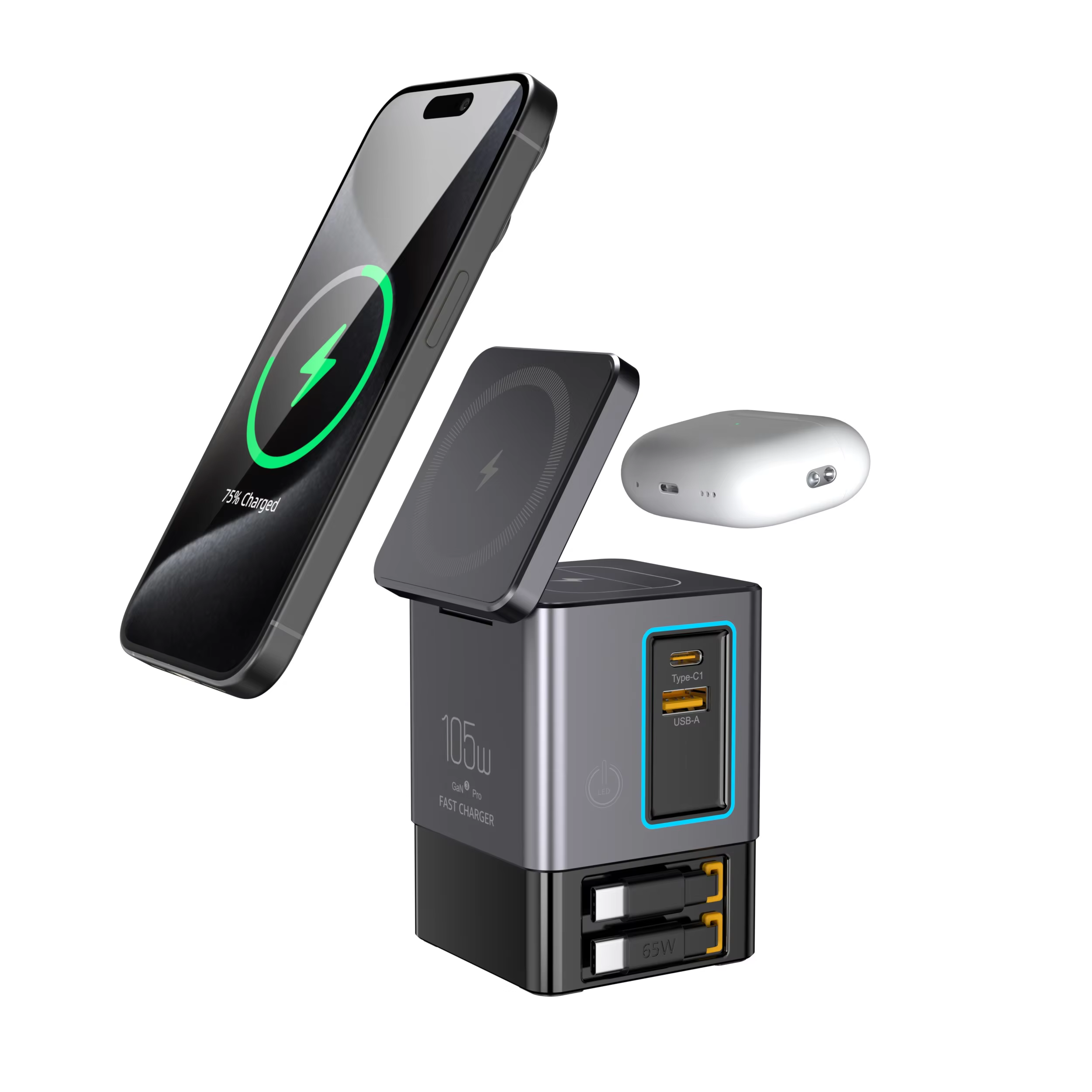 NEW GaN 6 in 1 105W Magnetic Wireless Charger Stand 15W Fast Wireless Charging Desktop Dock Station For iPhone16 15 14 13 Airpod