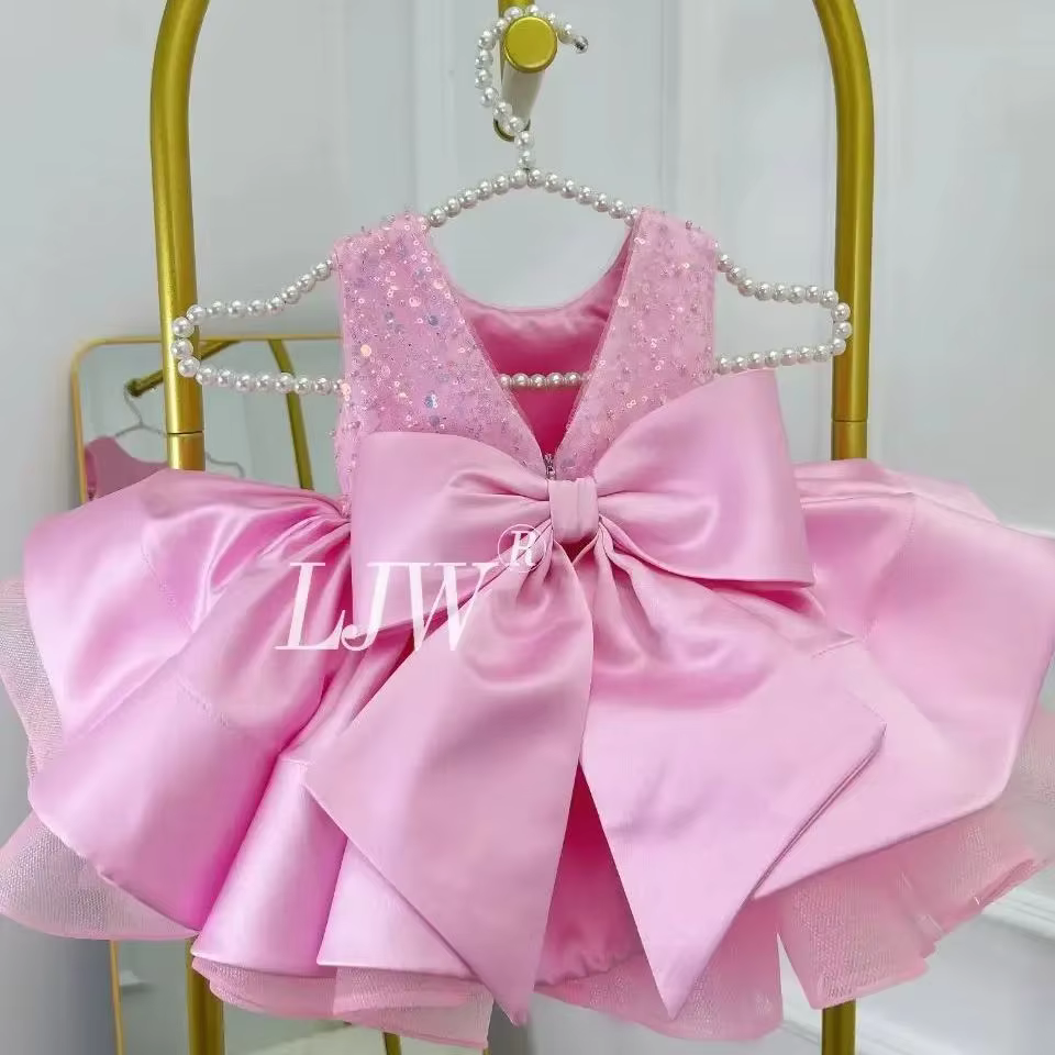 V-neckPink Glitter Flower Girl Wedding Dress Baby First Christmas Dress Elegant Birthday Party girls dress ballet girls costume