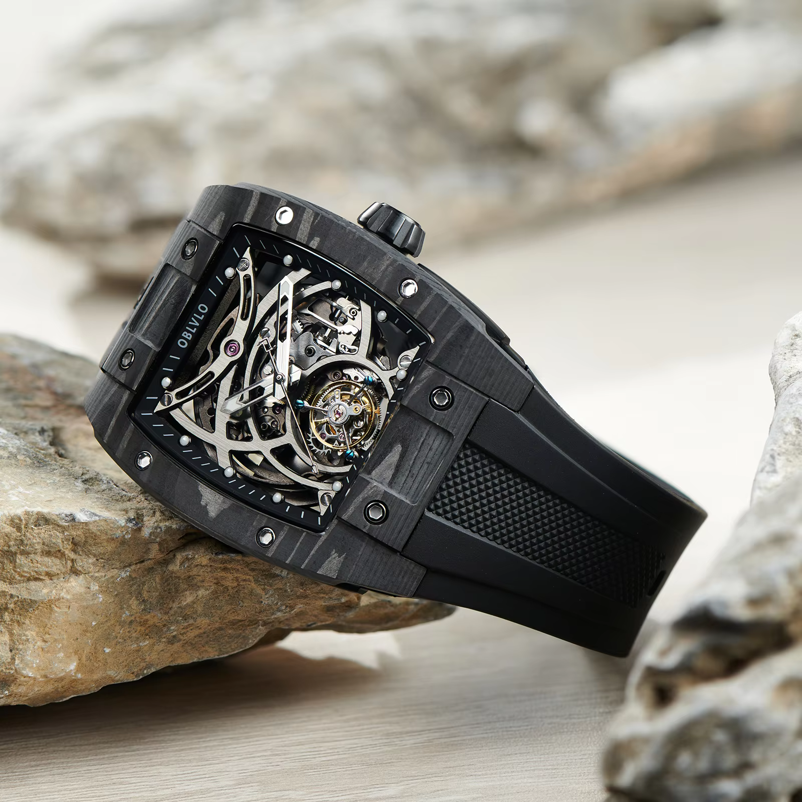 OBLVLO Top Brand All Black Tourbillon Automatic Watch Sport Skeleton Luminous Wine Barrel Carbon Fiber Case Rubber Strap EM-RT