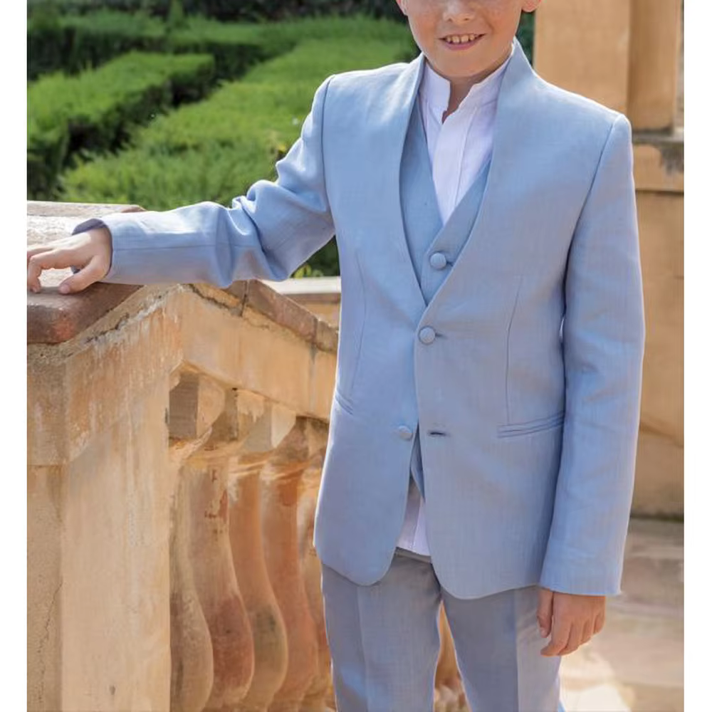 Chic Linen Boys Suits 3 Piece Stand Collar Single Breasted Slim Tuxedo for Kids Daily Casual Formal Suit (Blazer+Vest+Pants)