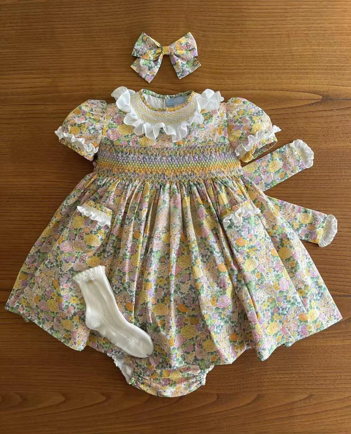 0-12Y Baby Girl Summer Rose Floral Handmade Embroidery Smocked Vintage Princess Dress for Birthday Photography Holiday Eid A274