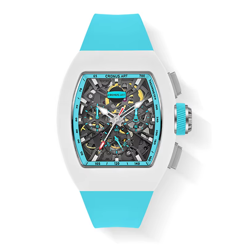 CRONUSART Men Automatic Watch 50mm Chronograph Mechanical Wristwatch Tonneau Fluororubber Case Luminous Skeleton Dial