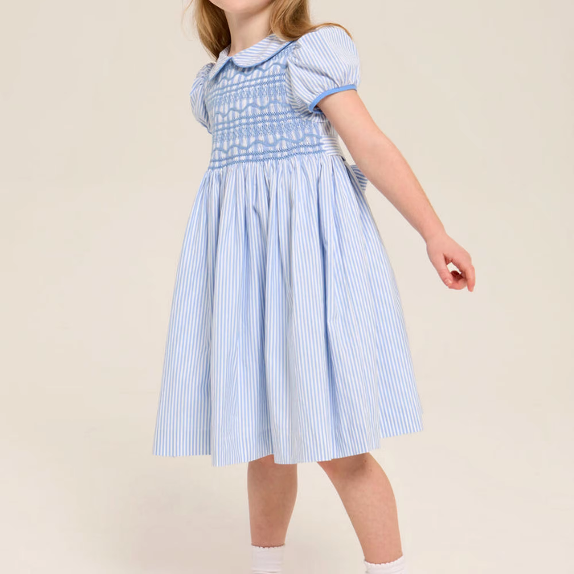 Blue White Stripe Fashion Girl Dress Hand-Smocked Peter Pan Collar Summer Short Sleeves Kids Girls Dresses Clothing For 2-6y