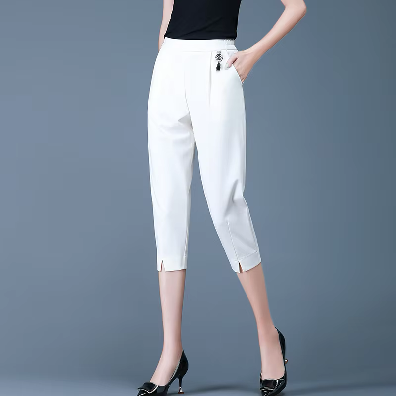 Quality White Cropped Pants With Elastic Waist for Women's Loose Fitting Summer Fit 2023 New Oversized Slim5XL Fit Versatile