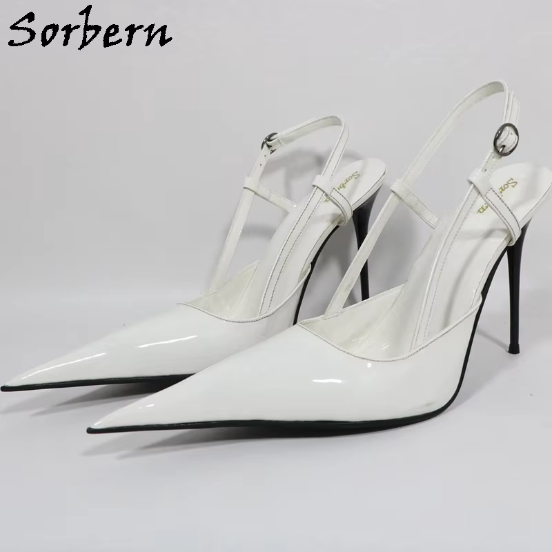 Sorbern 12Cm Cigarette Heels Slingback Women Pumps Pointy Toes White Glossy Evening Party Footwear Custom Color